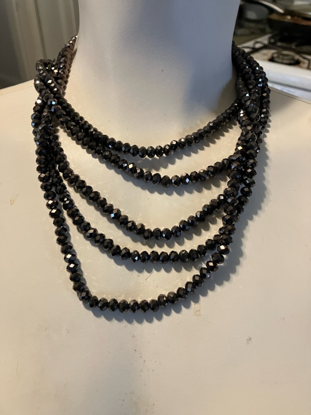 Vintage , black auroaborelis glass beaded 5 strand necklace.